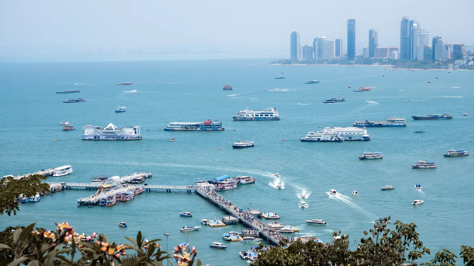 Pattaya Bay seen from the hillside, with boats in the harbour and the city skyline