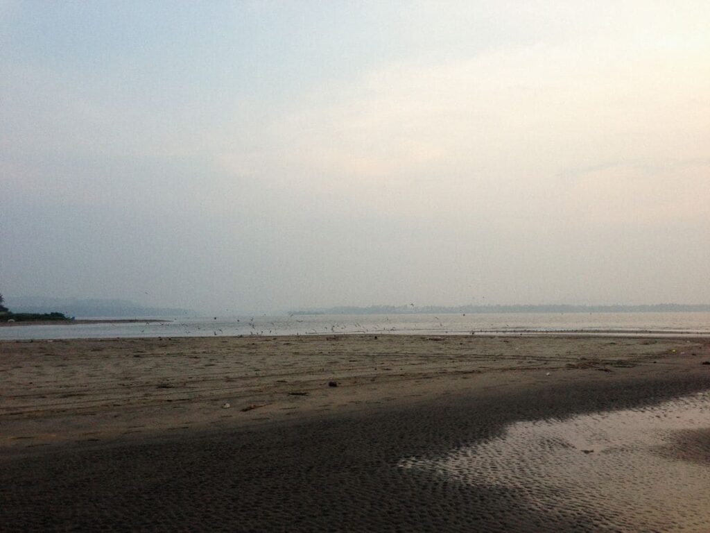 Calm beach at dawn under a misty sky