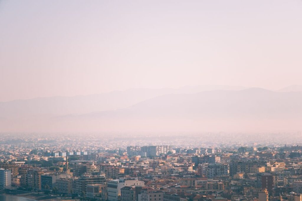 Hazy city skyline on a misty morning
