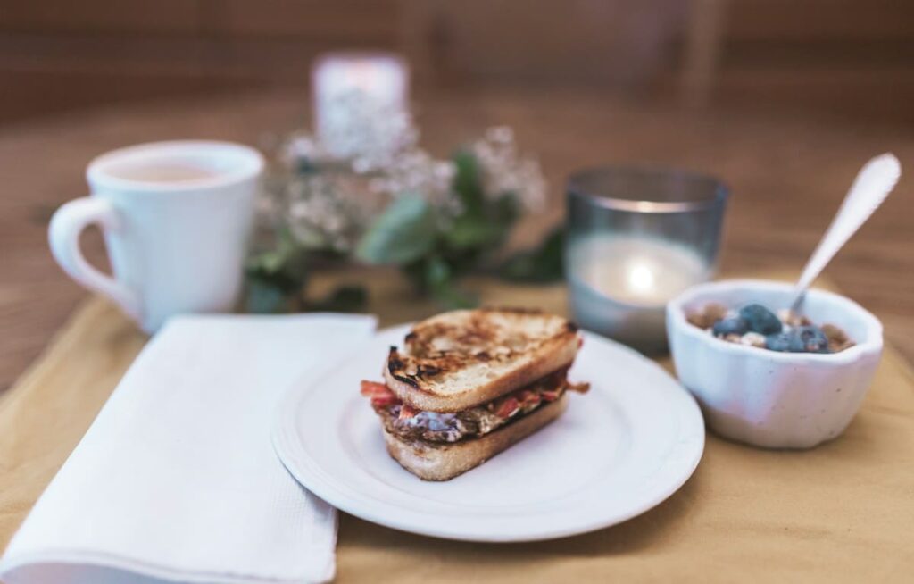 Breakfast of toast, tea and cereal