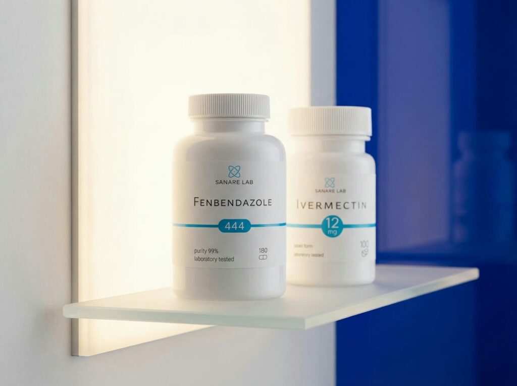 Two white medicine bottles on a shelf